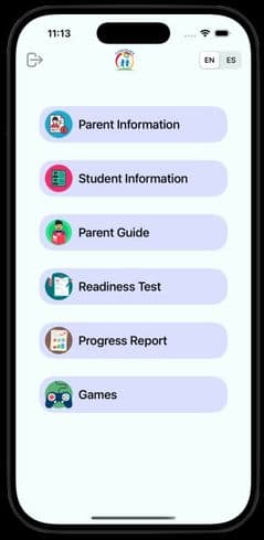Countdown2K app home screen showing Parent Information, Readiness Test, Progress Report, and Games